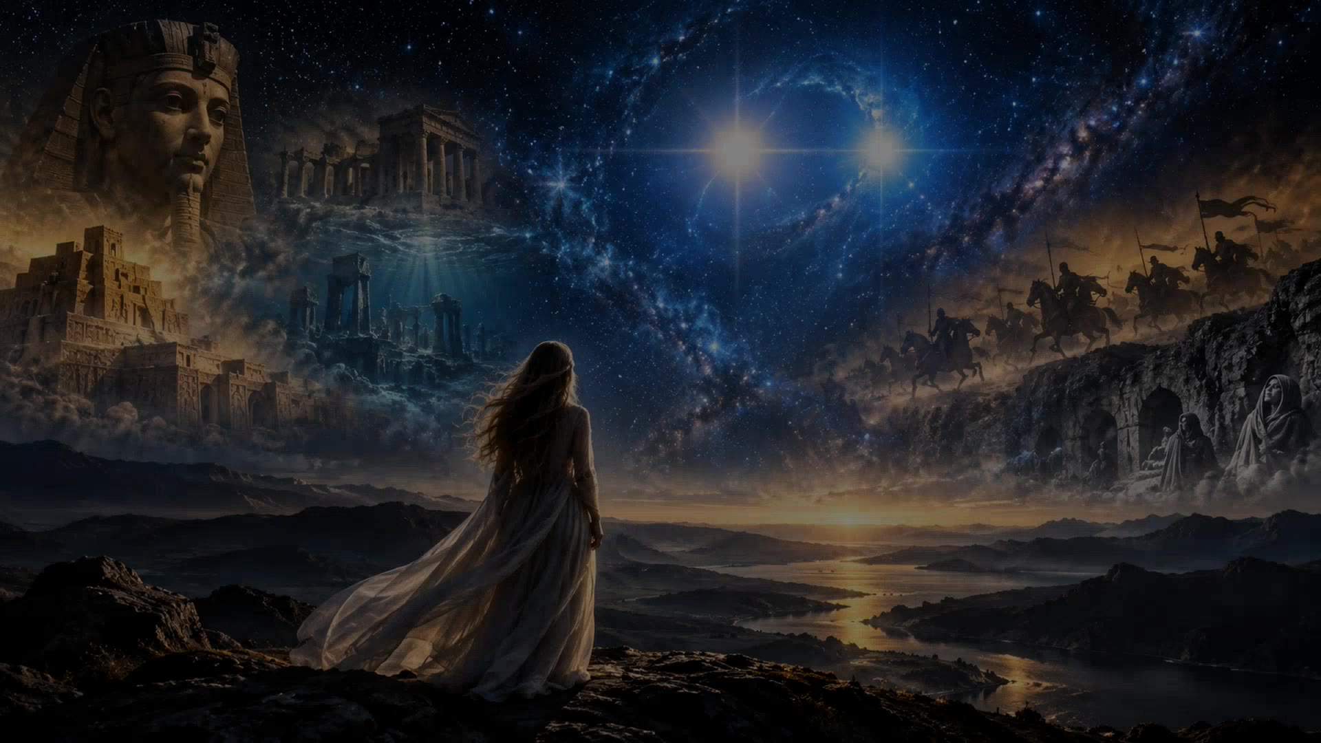 Still from Who Remembers?: a woman in a pale dress above a night landscape.